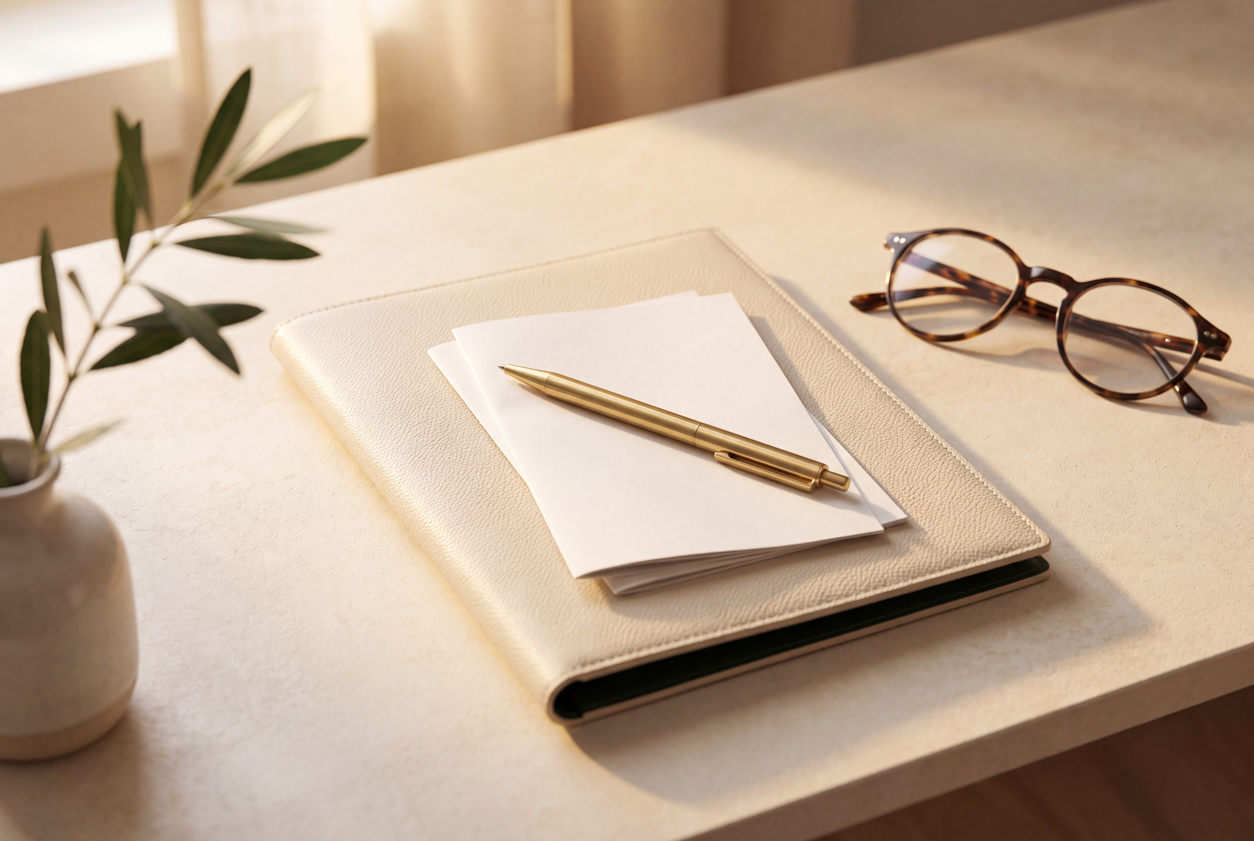 Escritorio con carpeta de documentos, bolígrafo y gafas — trámite de ayudas para audífonos